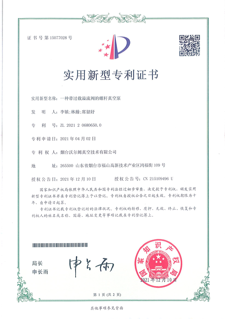 一種帶過載溢流閥的螺桿真空泵